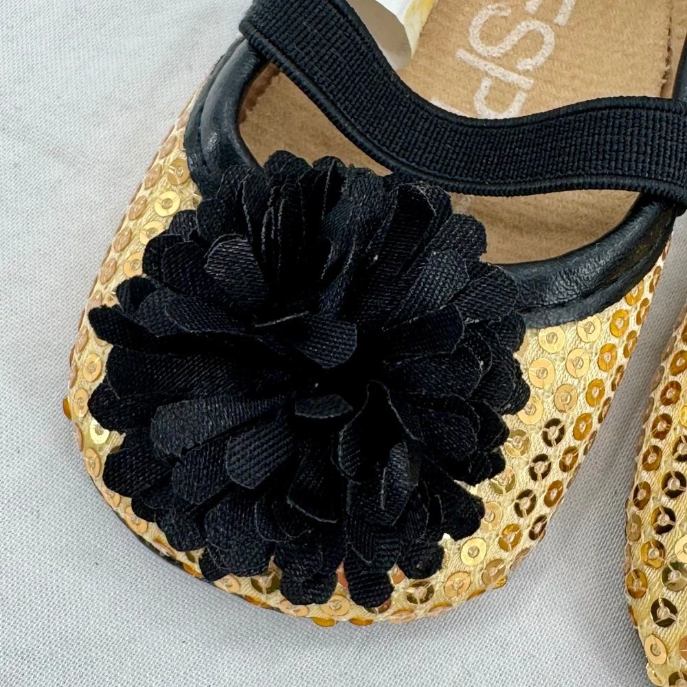 Vintage Esprit Baby Gold Sequin Black Flower Mary Jane Crib Shoes 0-6 Months